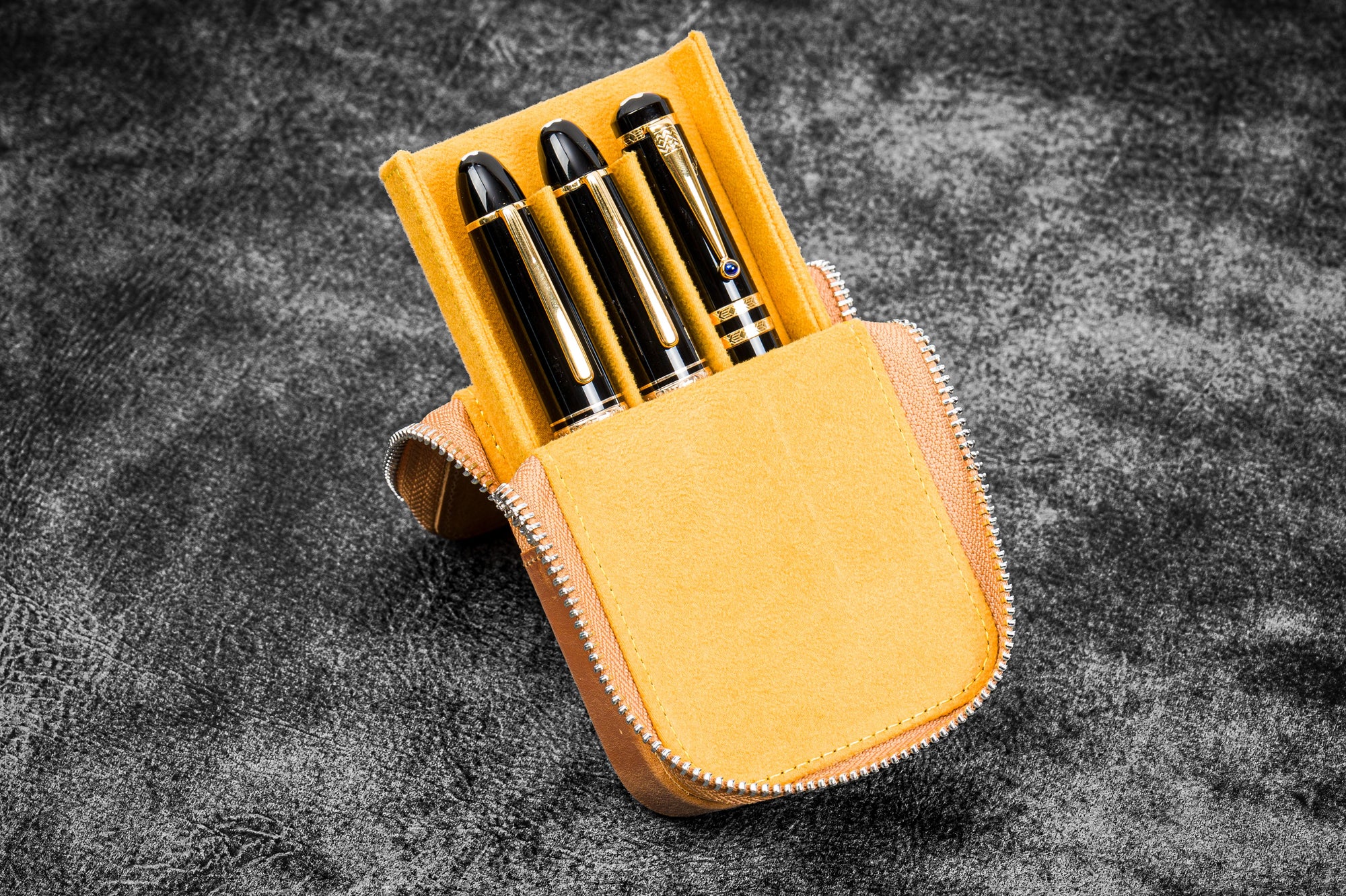 Leather Zippered Magnum Opus 3 Slots Hard Pen Case with Removable Pen Tray - Crazy Horse Honey Ochre