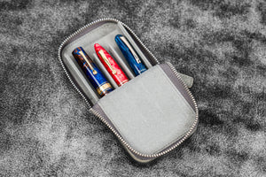 Leather Zippered Magnum Opus 3 Slots Hard Pen Case with Removable Pen Tray - Crazy Horse Smoky