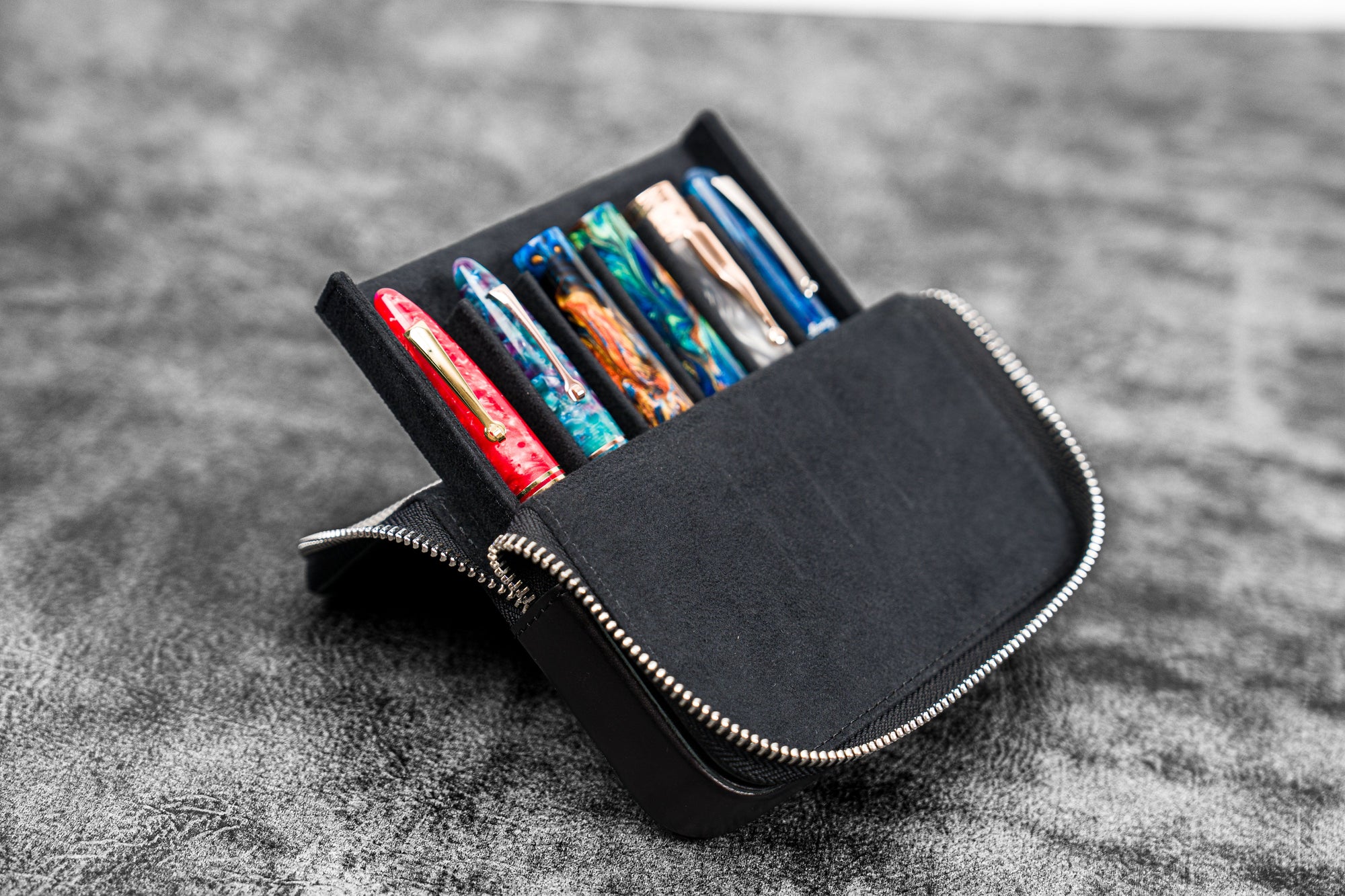 Leather Zippered Magnum Opus 6 Slots Hard Pen Case with Removable