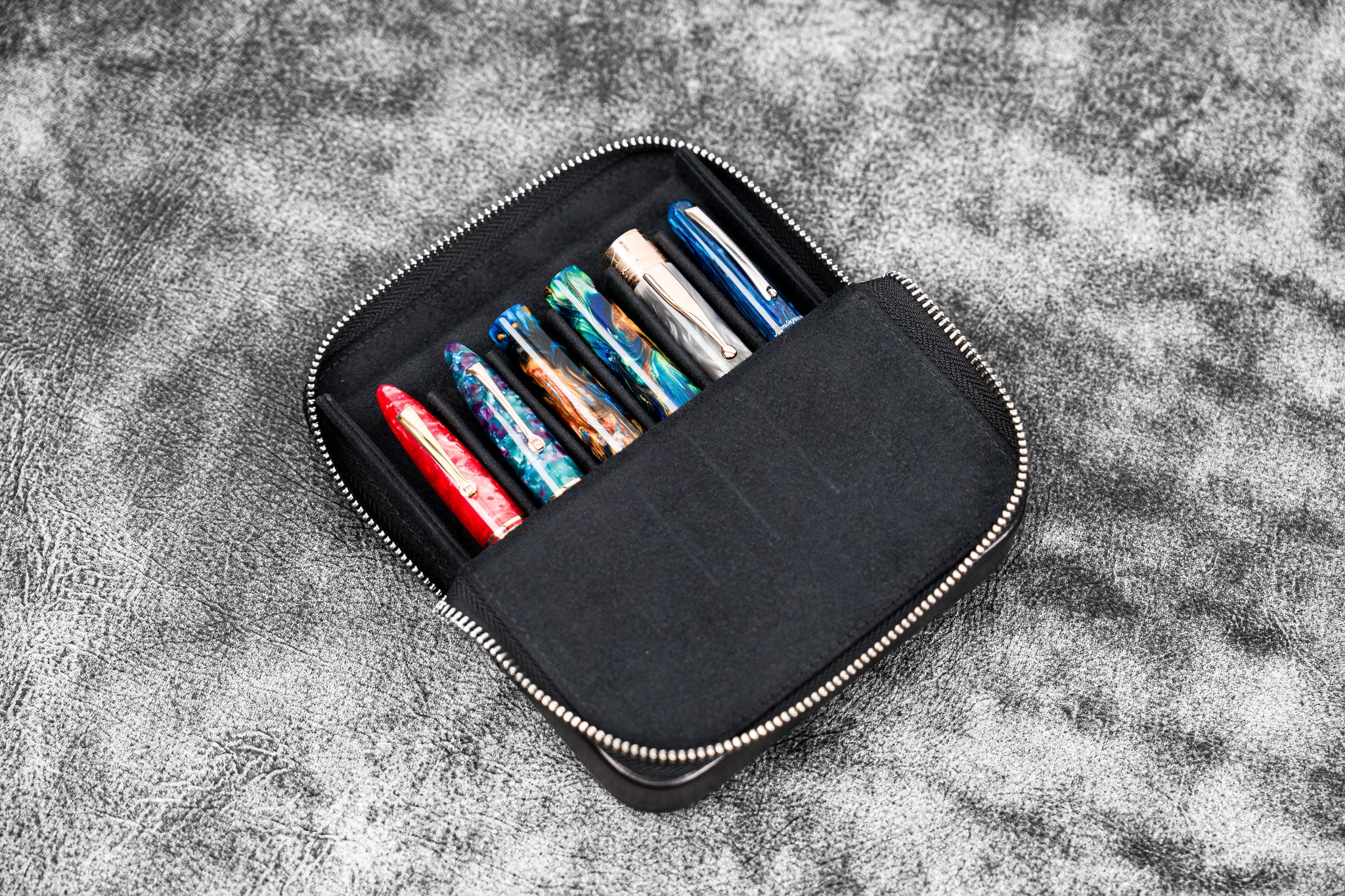 Leather Zippered Magnum Opus 6 Slots Hard Pen Case with Removable Pen Tray  - Black