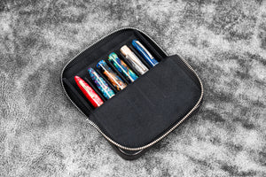 Leather Zippered Magnum Opus 6 Slots Hard Pen Case with Removable Pen Tray - Black