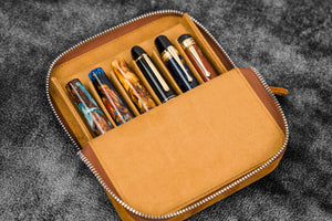 Leather Zippered Magnum Opus 6 Slots Hard Pen Case with Removable Pen Tray - Crazy Horse Brown