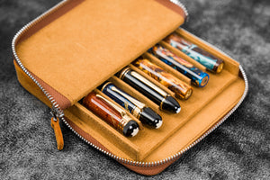 Leather Zippered Magnum Opus 6 Slots Hard Pen Case with Removable Pen Tray - Crazy Horse Brown