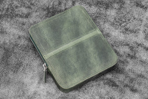 Leather Zippered Magnum Opus 6 Slots Hard Pen Case with Removable Pen Tray - Crazy Horse Forest Green