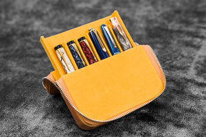 Leather Zippered Magnum Opus 6 Slots Hard Pen Case with Removable Pen Tray - Crazy Horse Honey Ochre