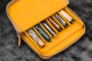 Leather Zippered Magnum Opus 6 Slots Hard Pen Case with Removable Pen Tray - Crazy Horse Honey Ochre