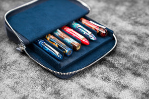 Leather Zippered Magnum Opus 6 Slots Hard Pen Case with Removable Pen Tray - Crazy Horse Navy Blue