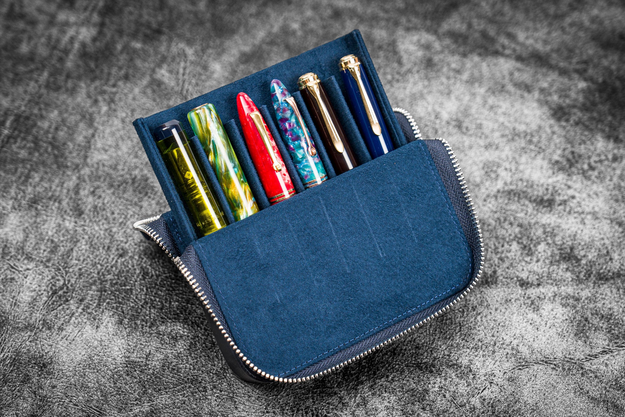 Navy Blue Leather Hard Pen Case with Removable 6 Slots Pen Tray - Galen  Leather