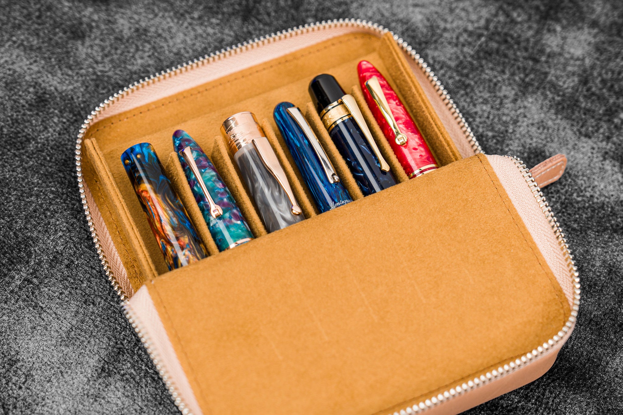 Leather Zippered Magnum Opus 6 Slots Hard Pen Case with Removable Pen Tray  - Black