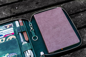 Leather Zippered Rhodia A5 Notebook & iPad Mini Folio - Crazy Horse Forest Green-Galen Leather