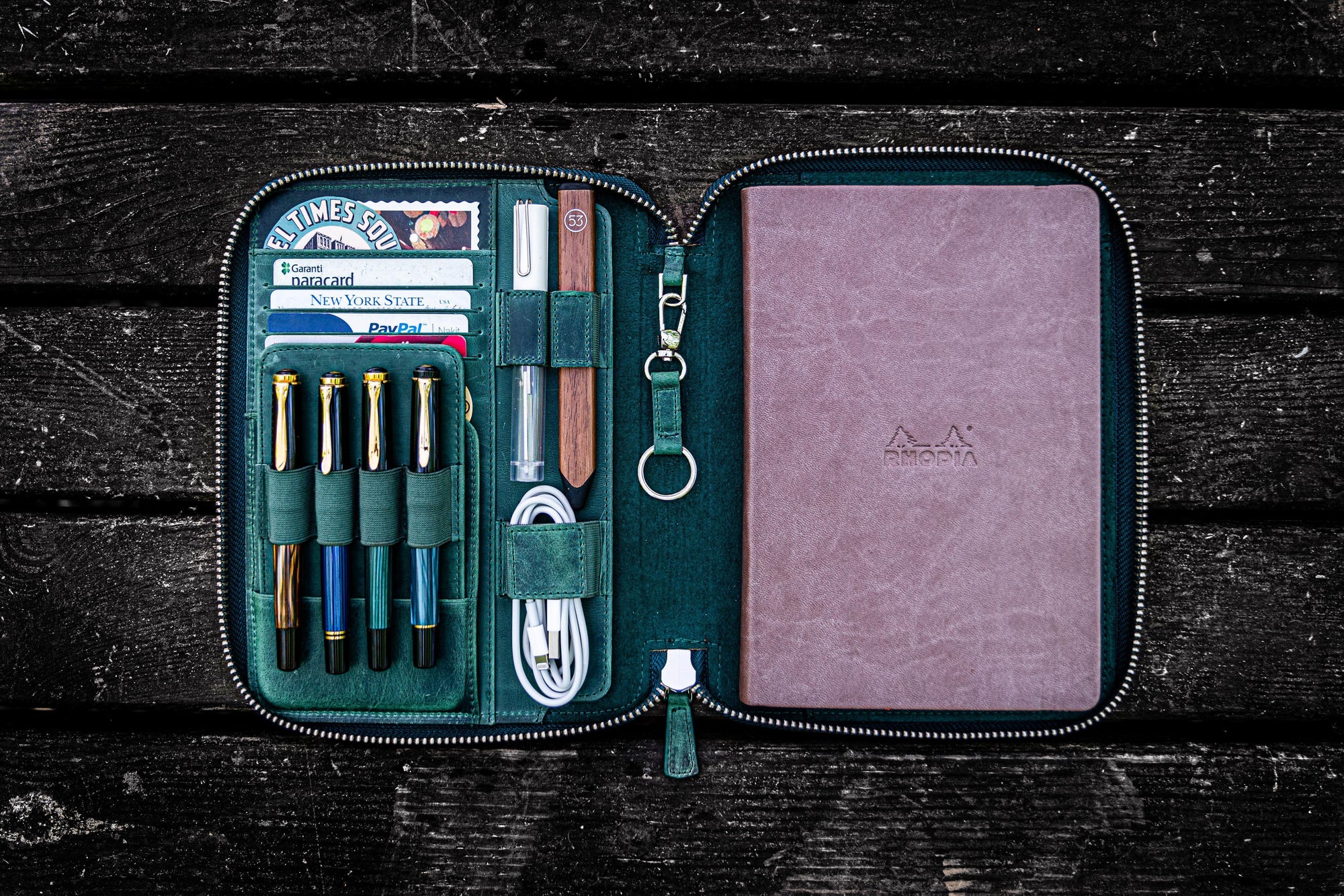 Leather Zippered Rhodia A5 Notebook & iPad Mini Folio - Crazy Horse Forest Green-Galen Leather