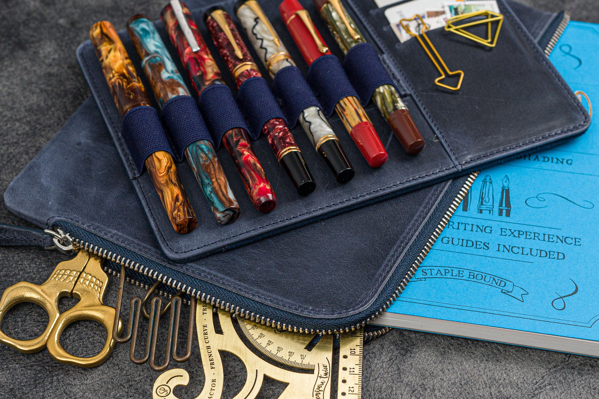 Sack Pen Leather Zippered Writer's Bank Bag - Pen Pouch - Crazy Horse Navy Blue ...