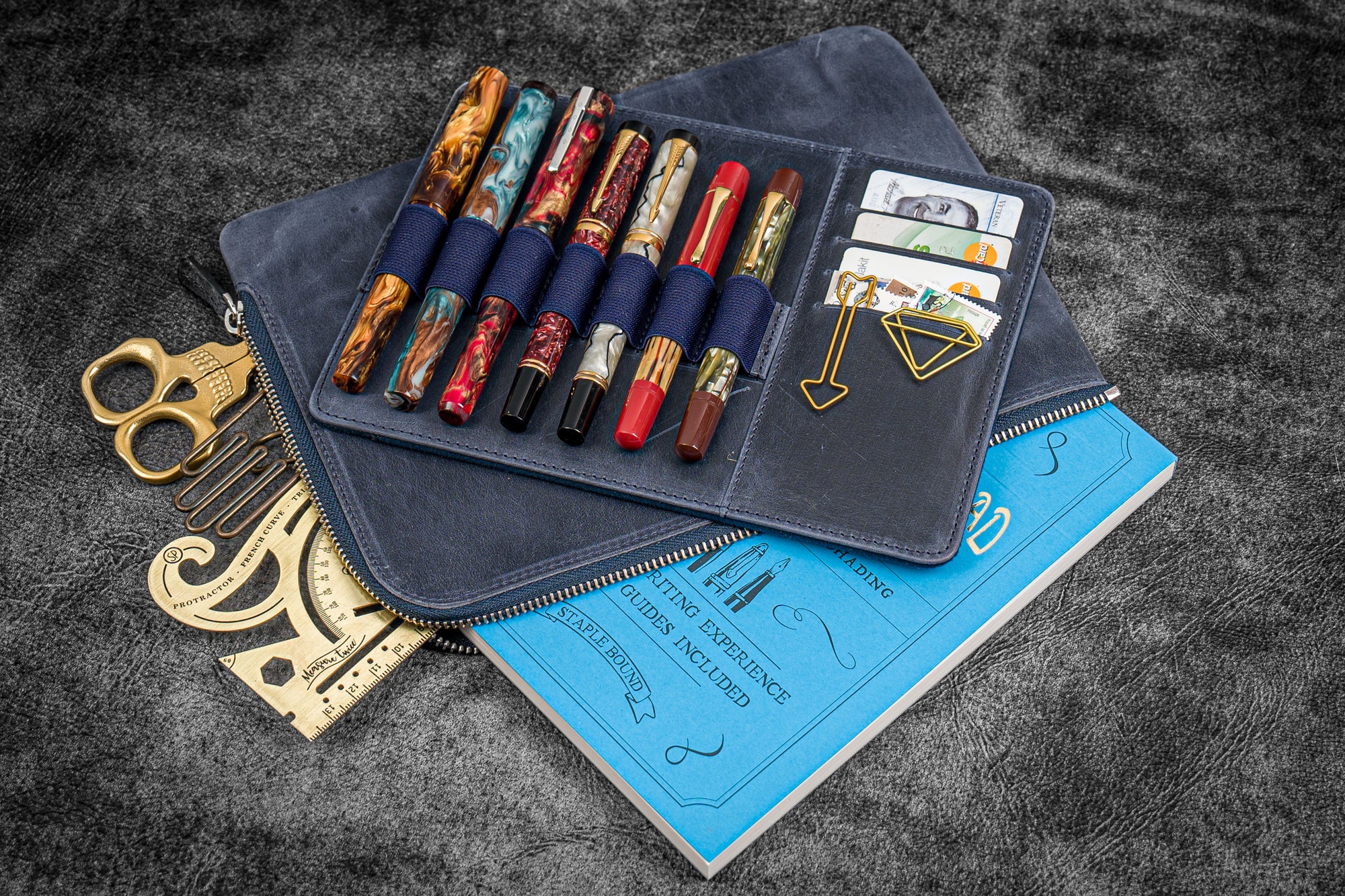 Leather Zippered Writer's Bank Bag - Pen Pouch - Crazy Horse Navy Blue