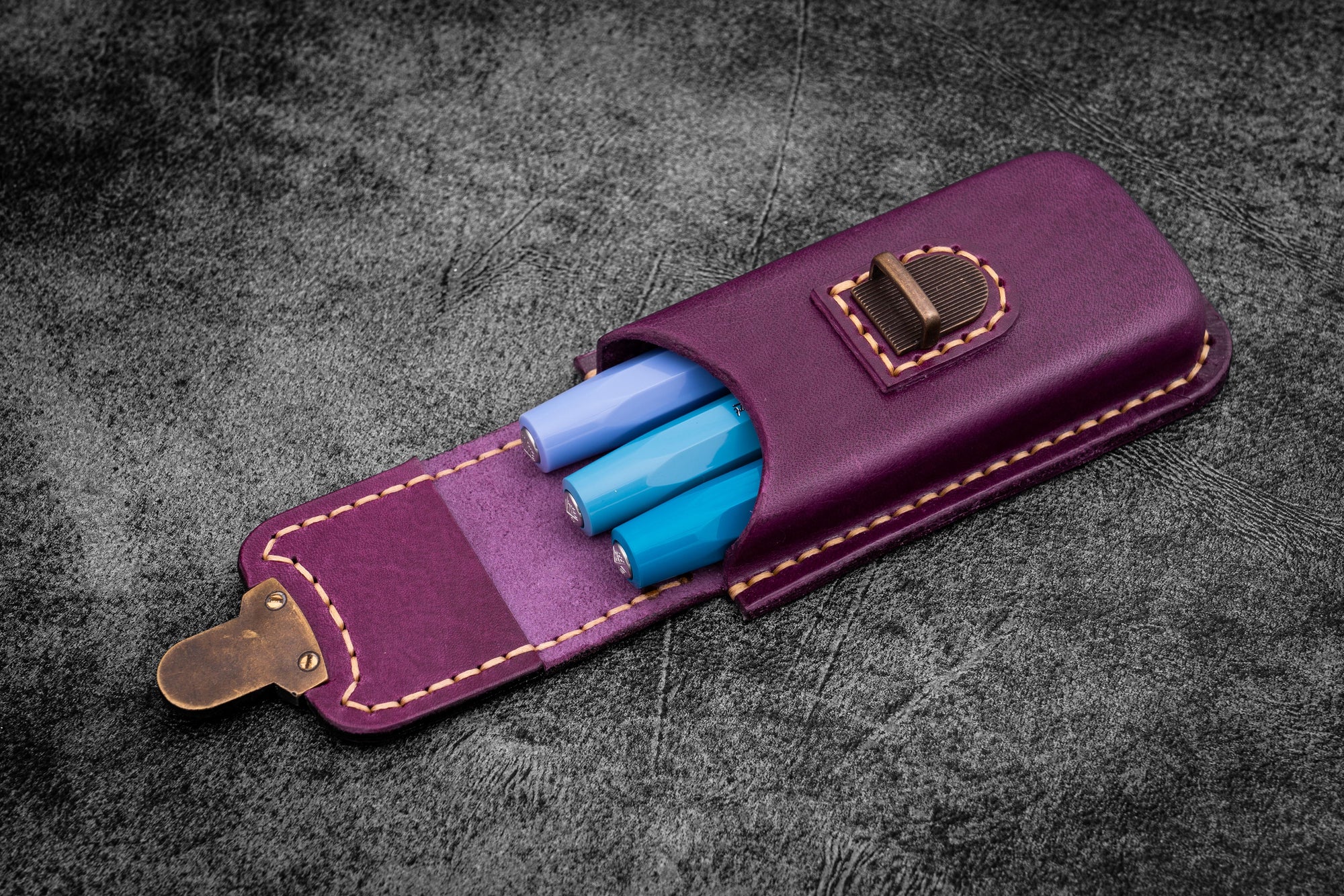 The Old School - Leather Molded Pen Case for 3 Pocket Pens - Purple