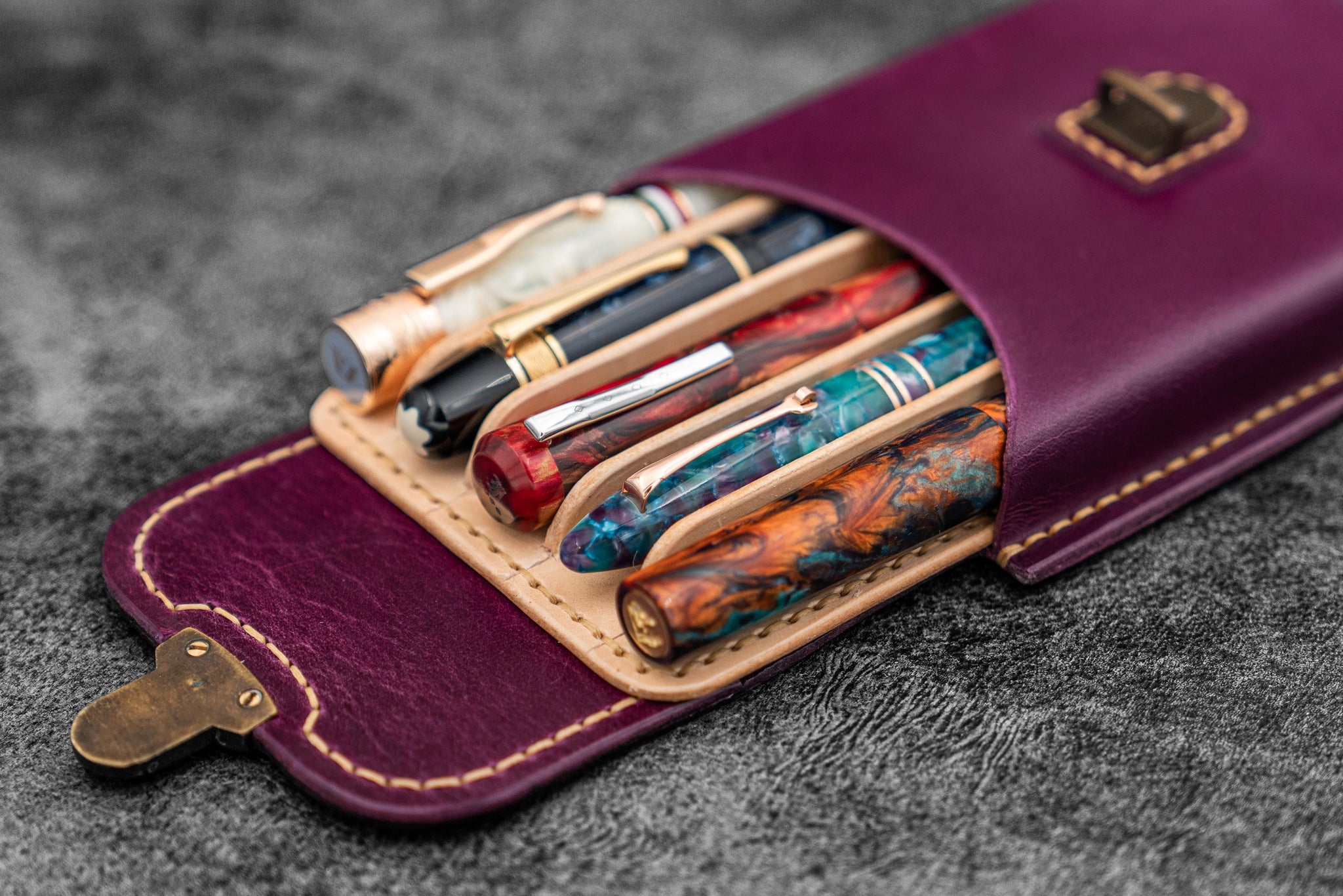 Galen Leather Co. Leather Zippered 5 Slots Pen Case - Purple