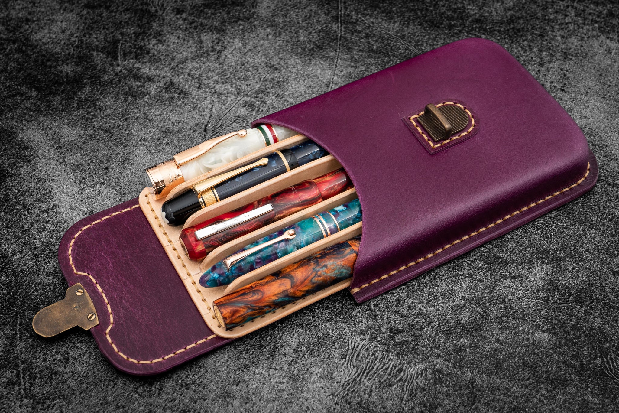 The Old School - Leather Molded Pen Case for 5 Pens - Purple