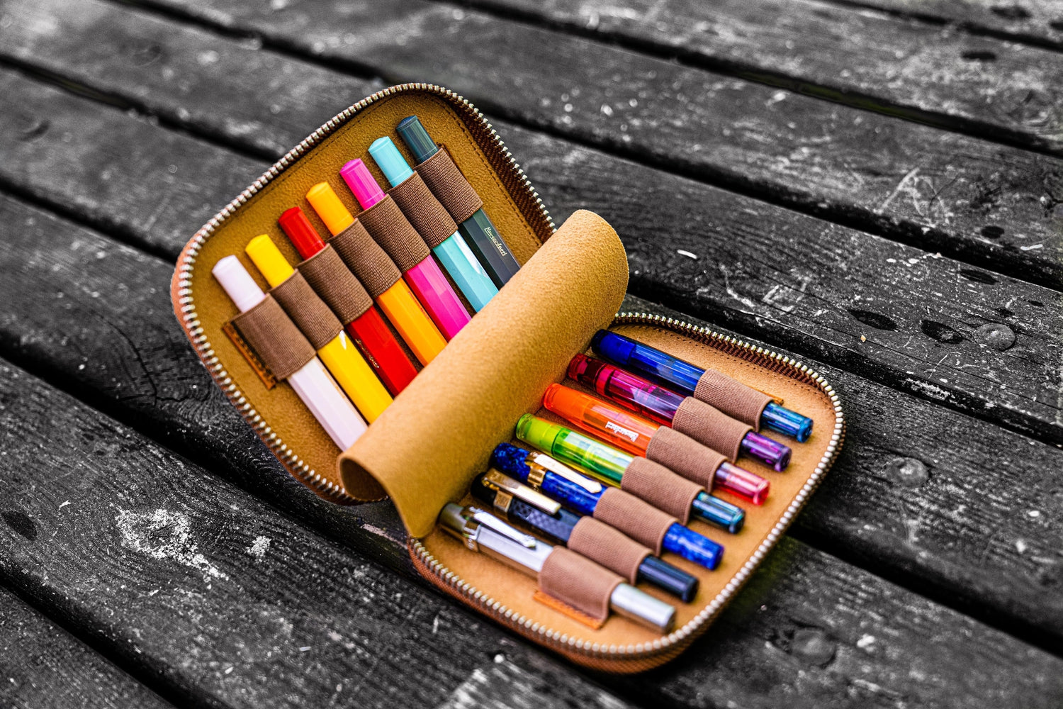 Handmade Leather Zippered 10 Slots Pen Case - Black - Galen Leather