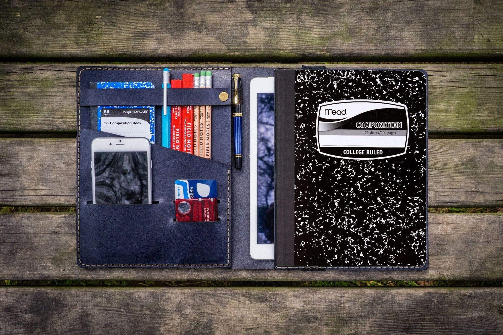 Composition Notebook Cover With iPad Air/Pro Pocket - Navy Blue-Galen Leather