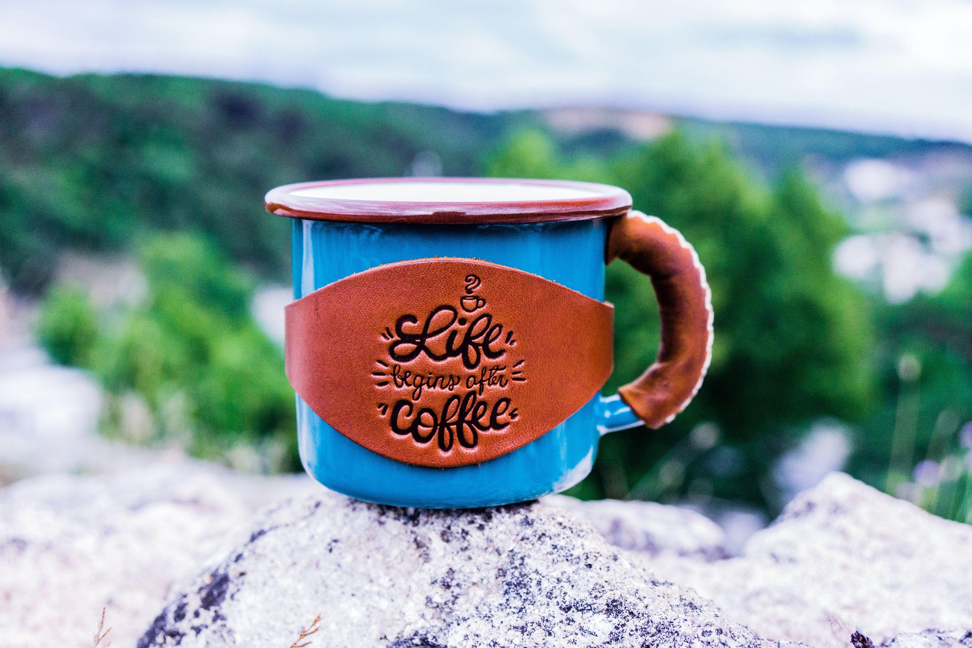 Enamel Mug with Leathered Handle - Turquoise-Galen Leather