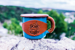 Enamel Mug with Leathered Handle - Turquoise-Galen Leather