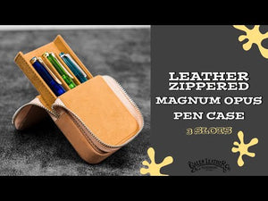 Leather Zippered Magnum Opus 3 Slots Hard Pen Case with Removable Pen Tray - Crazy Horse Smoky