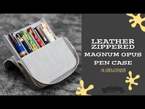 Leather Zippered Magnum Opus 6 Slots Hard Pen Case with Removable Pen Tray - Crazy Horse Navy Blue