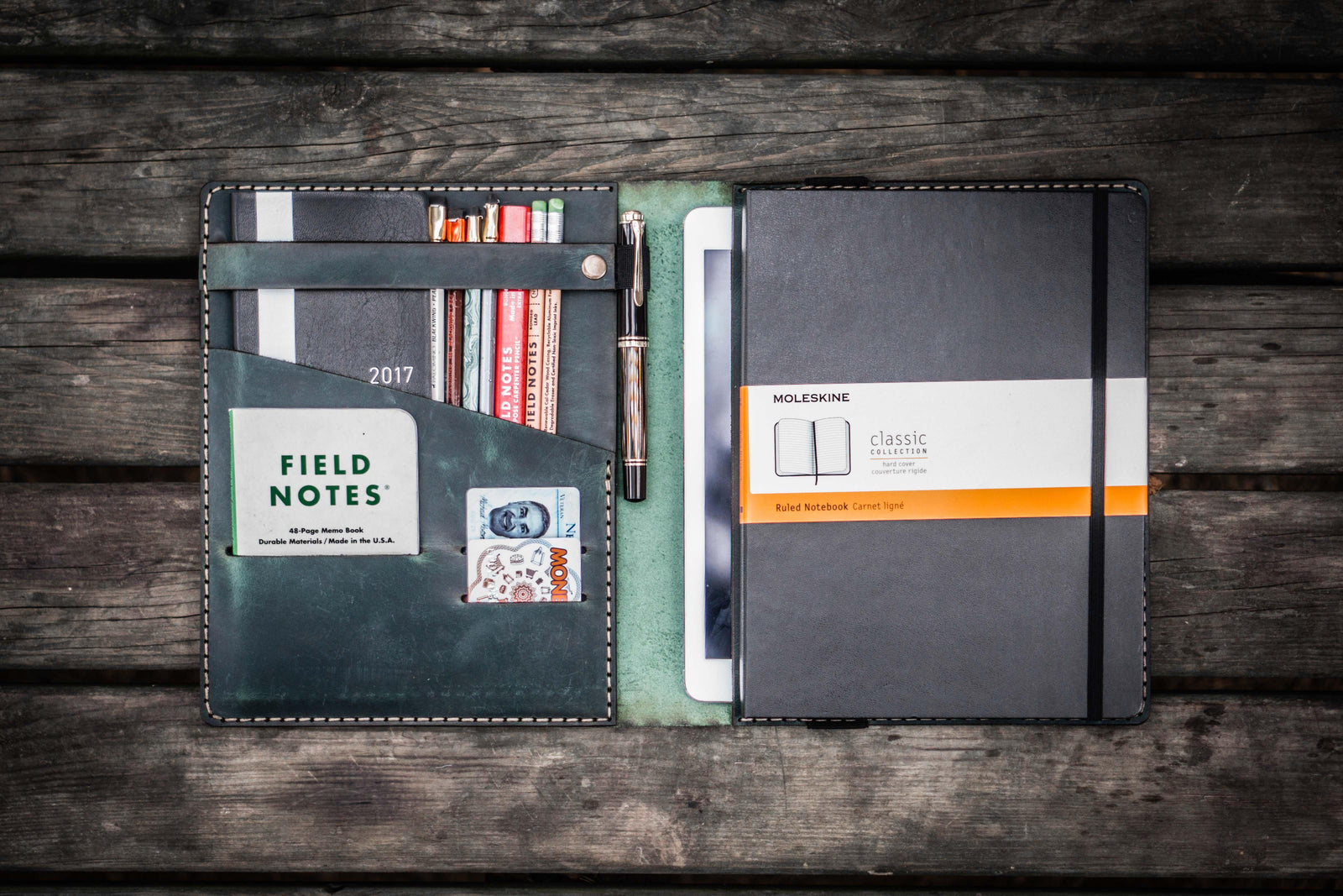 iPad Air/Pro & Extra Large Moleskine Cover - Crazy Horse Forest Green-Galen Leather