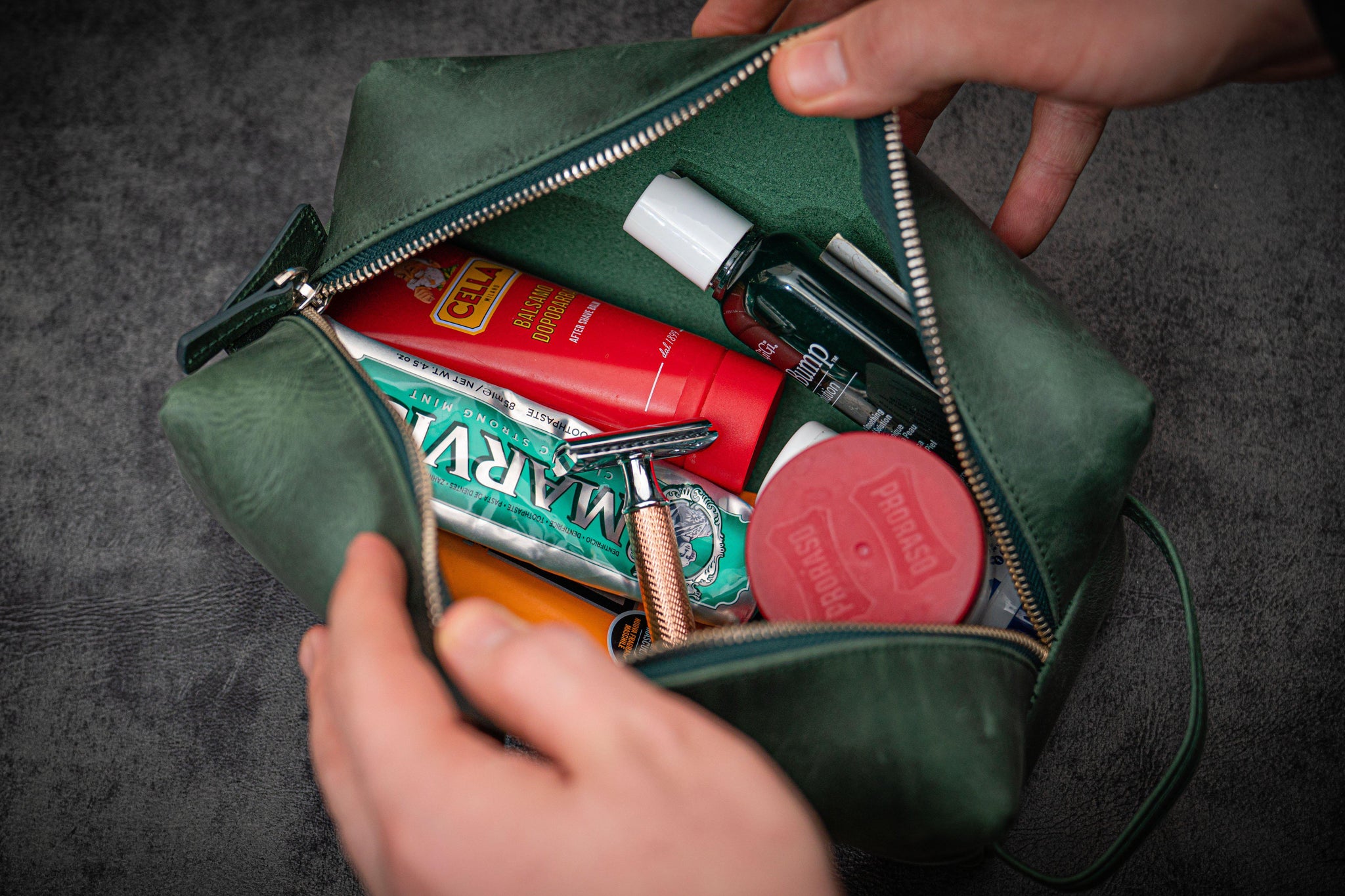 green toiletries travel bag 100% Handmade Leather Dopp Kit - Crazy Horse Brown