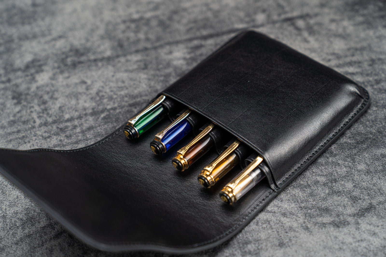 Leather Flap Pen Case for Five Pens - Black-Galen Leather