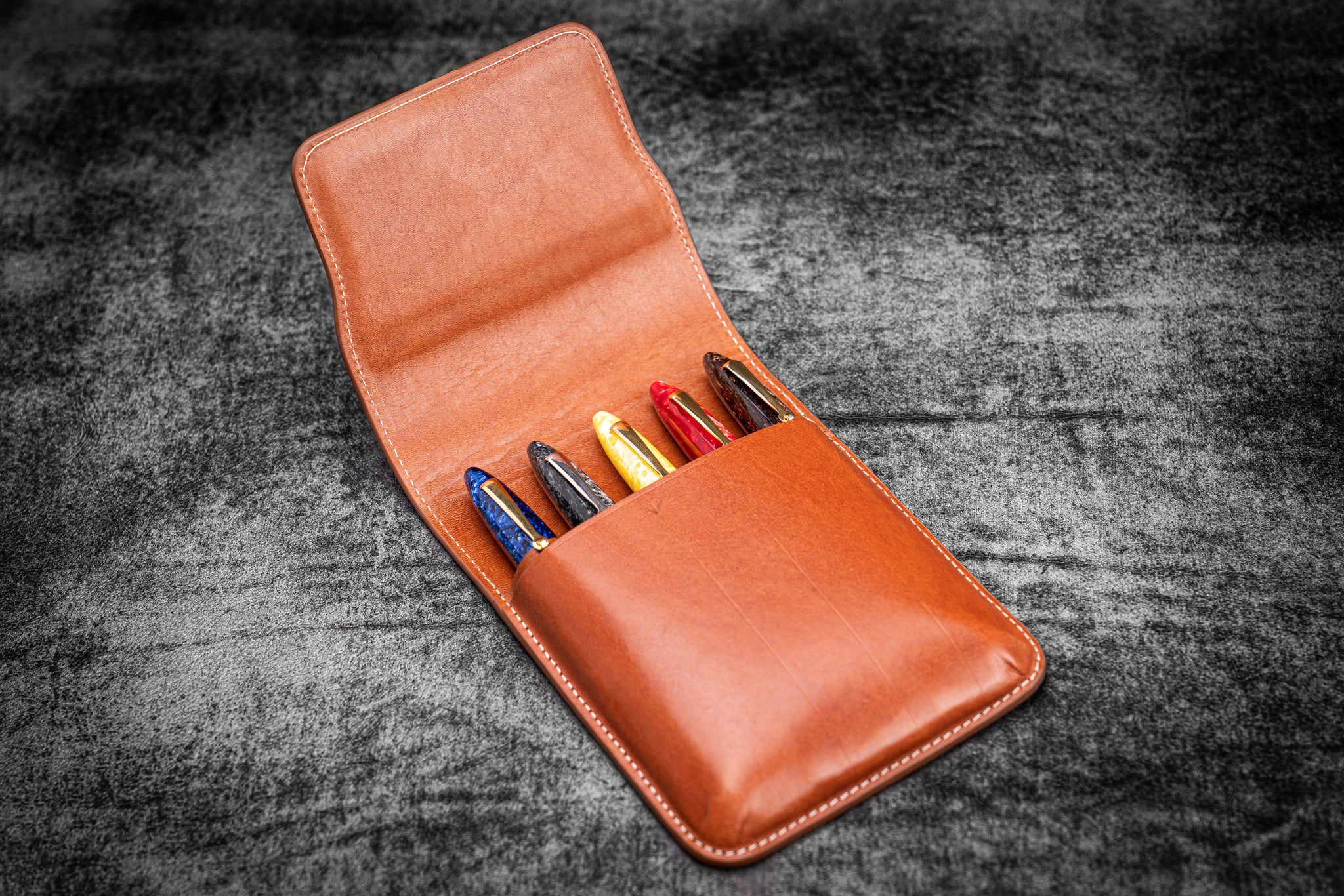 Galen Leather 5 Pen Flap Case - Brown