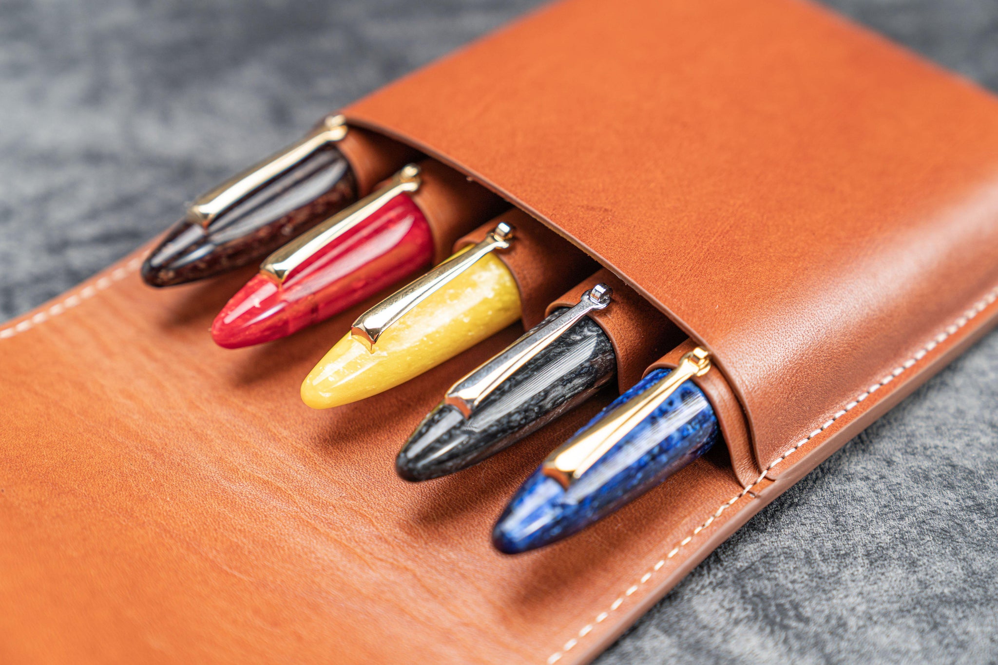 Set Of 5 PU Leather Pen Case Holder For Single, Vintage Handmade Fountain Pouch Protective Sleeve Cover Pencil Ballpoint Black Red Brown Dark Green