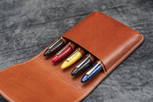 Leather Flap Pen Case for Five Pens - Brown-Galen Leather