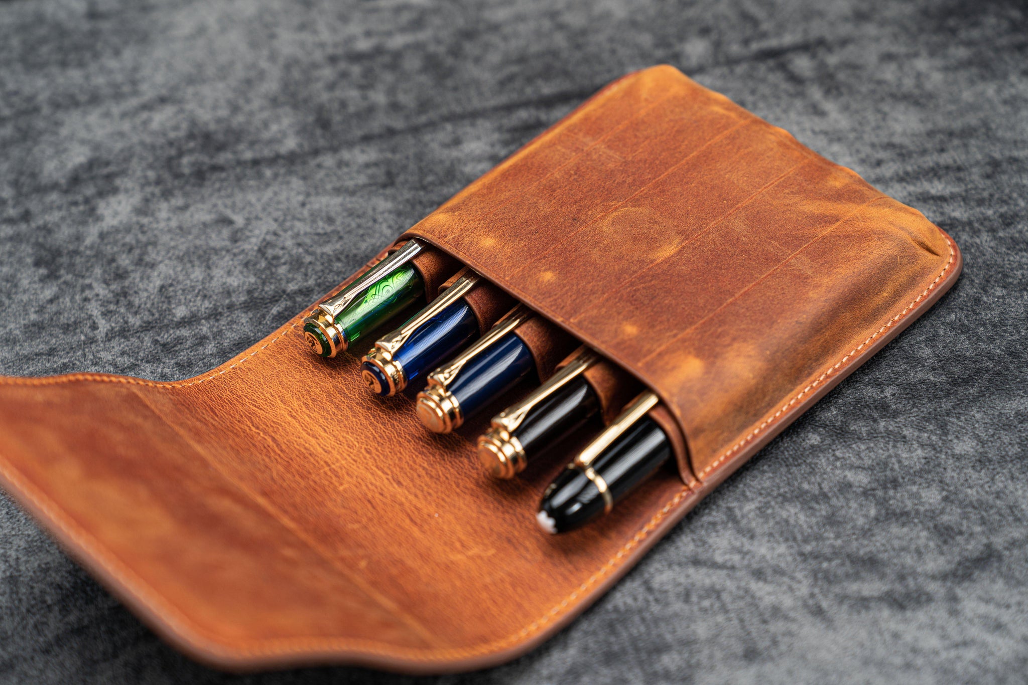 Leather Flap Pen Case for Five Pens - Crazy H. Brown - Galen Leather