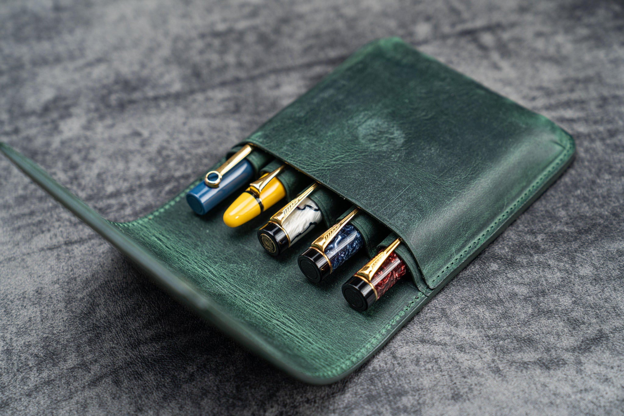 Leather Flap Pen Case for Five Pens - Forest Green - Galen Leather