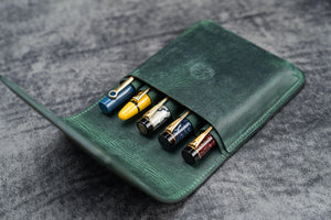 Leather Flap Pen Case for Five Pens - Crazy Horse Forest Green-Galen Leather