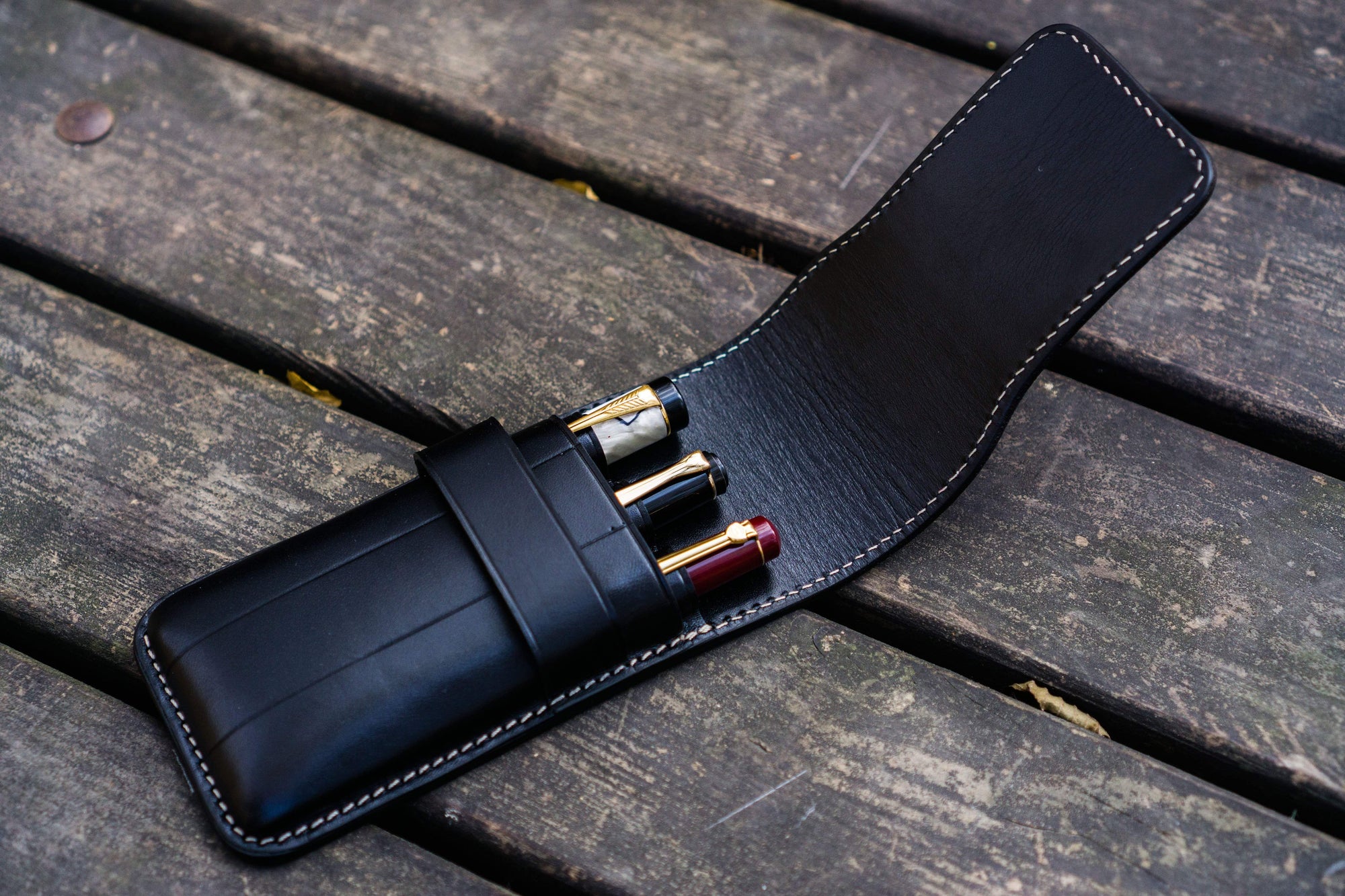 Leather Flap Pen Case for Three Pens - Black-Galen Leather