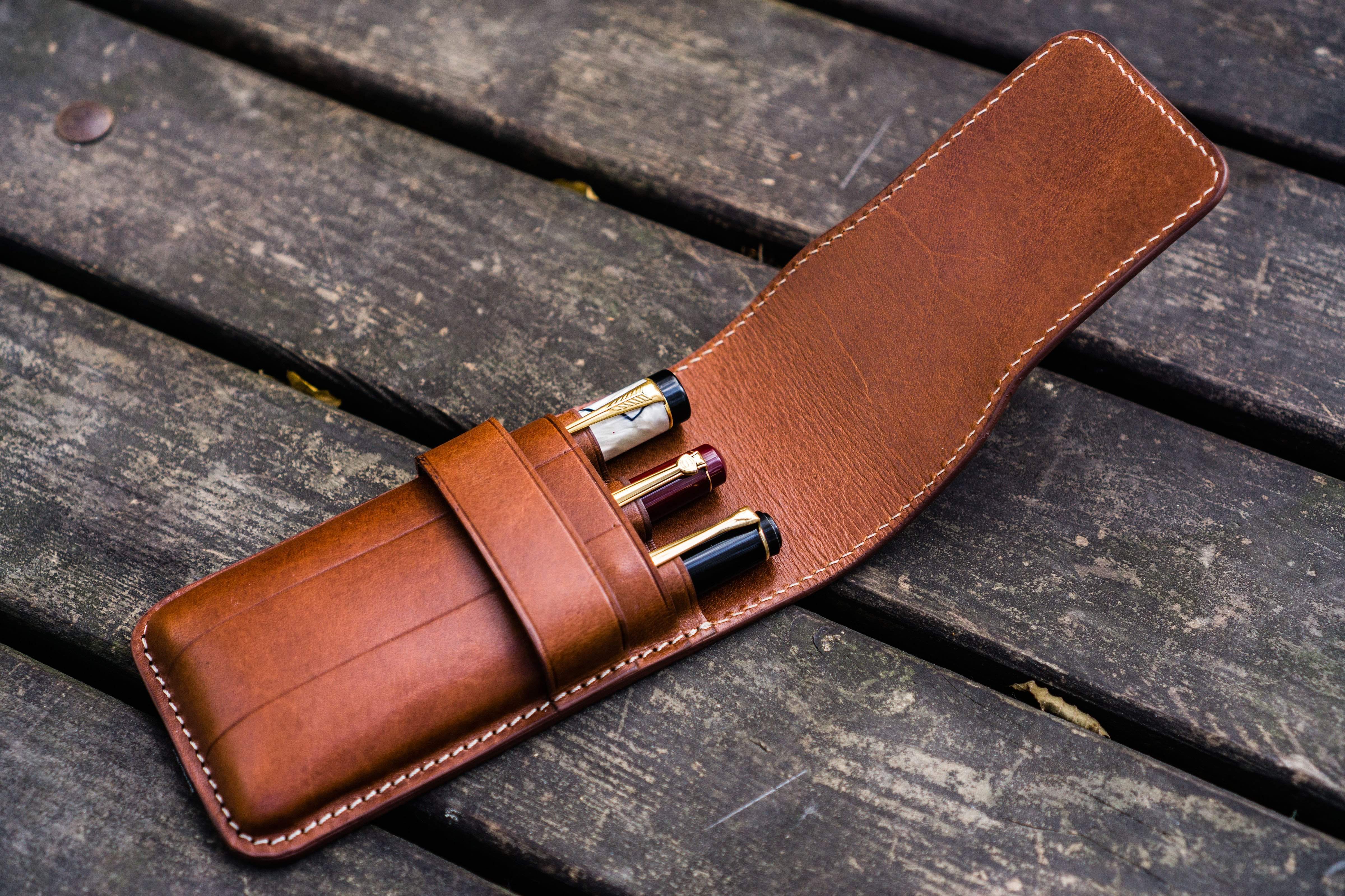 Handmade Flap Pen Case for Three Pens - - Leather