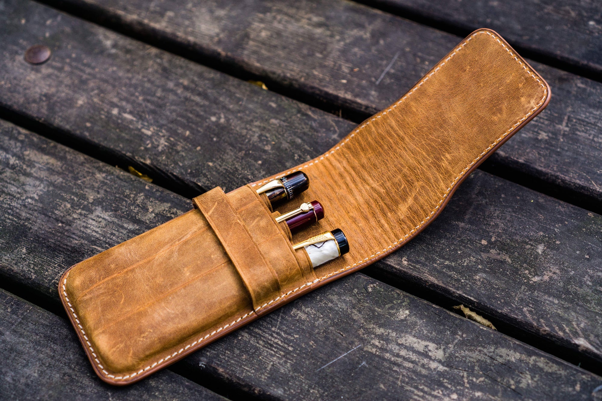 Leather Flap Pen Case for Three Pens - Crazy Horse Brown-Galen Leather
