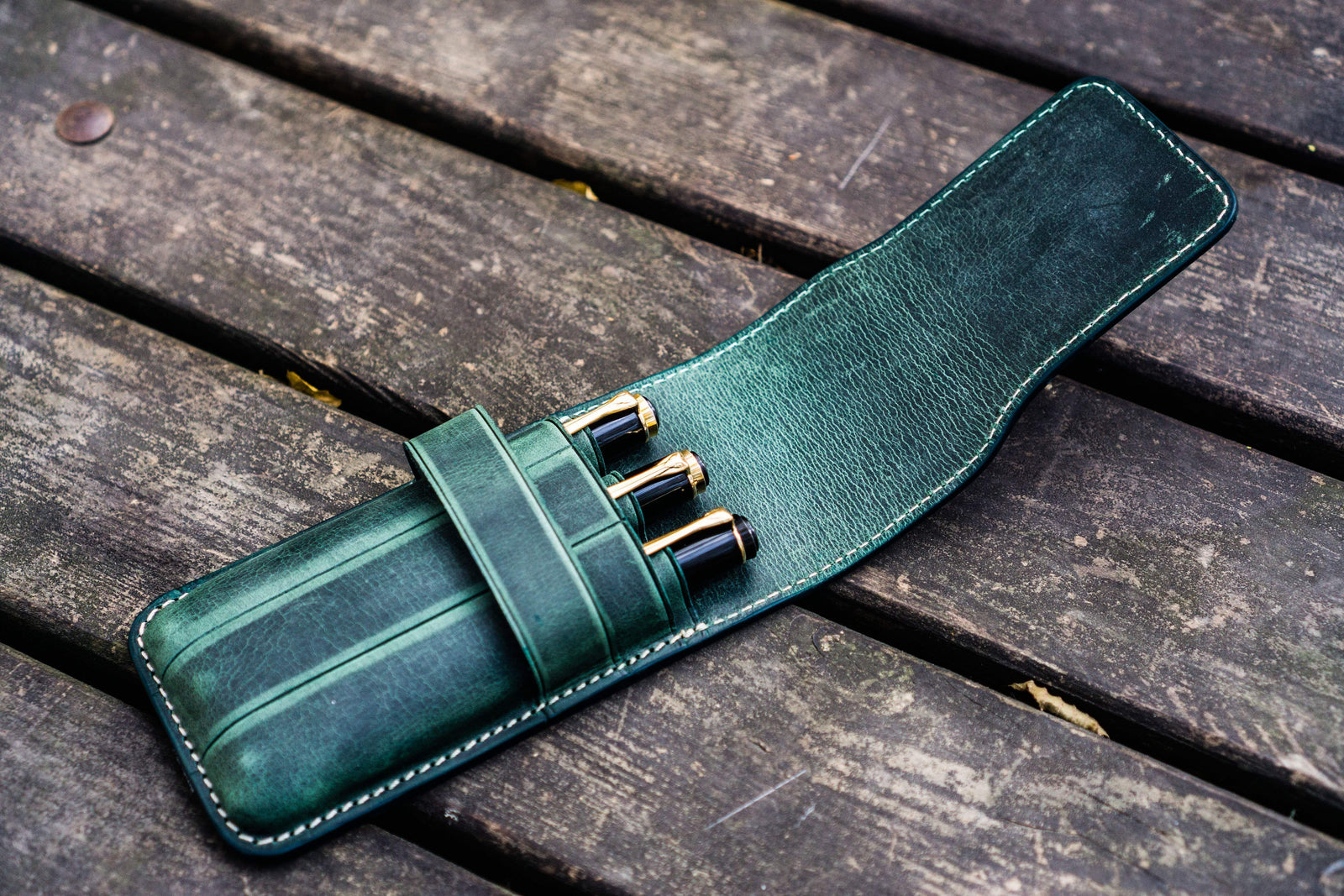 Leather Flap Pen Case for Three Pens - Crazy Horse Forest Green-Galen Leather