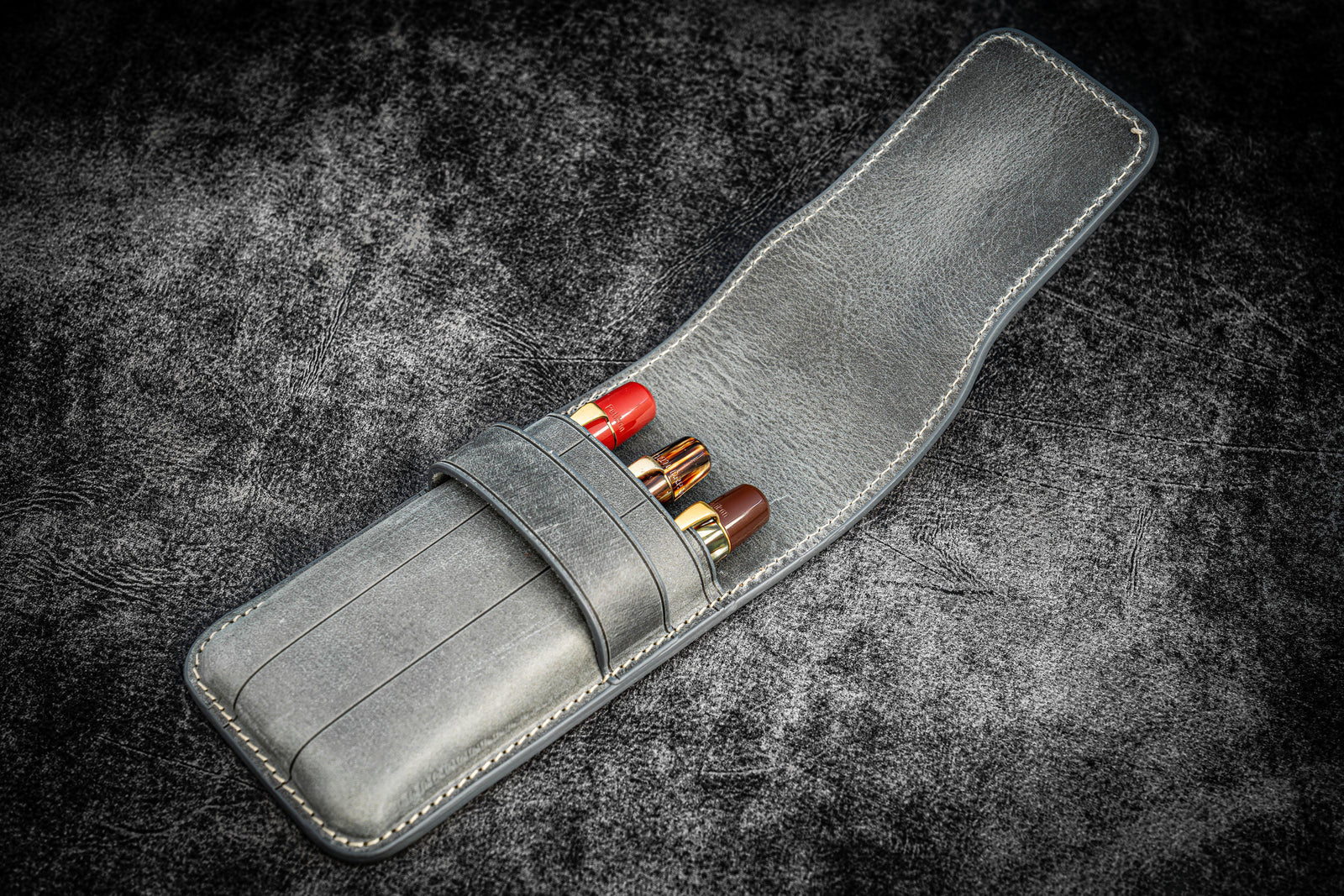 Leather Flap Pen Case for Three Pens - Crazy Horse Smoky-Galen Leather
