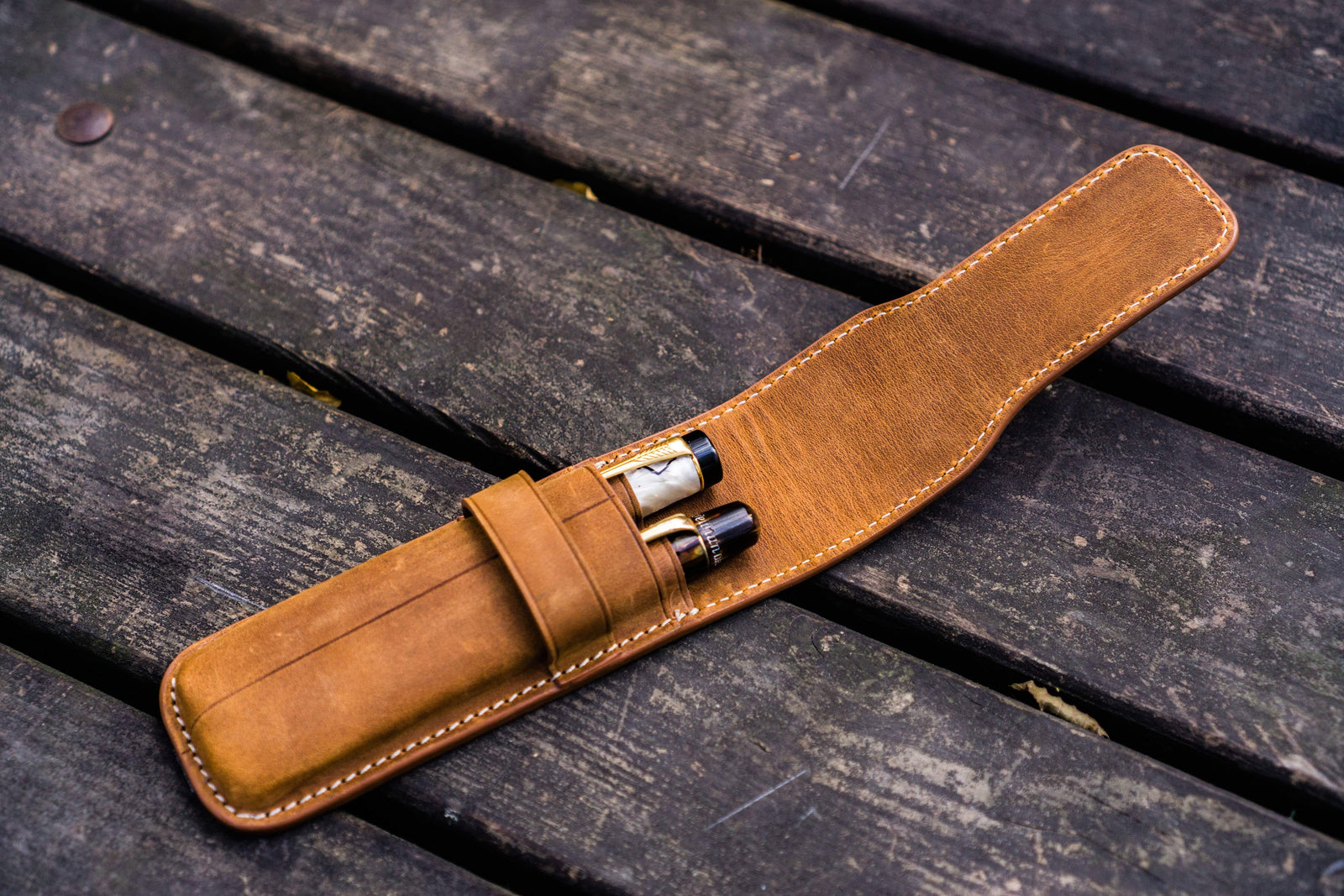 Leather Flap Pen Case for Two Pens - Crazy Horse Brown-Galen Leather