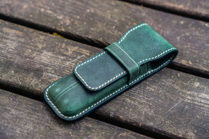 Leather Flap Pen Case for Two Pens - Crazy Horse Forest Green-Galen Leather
