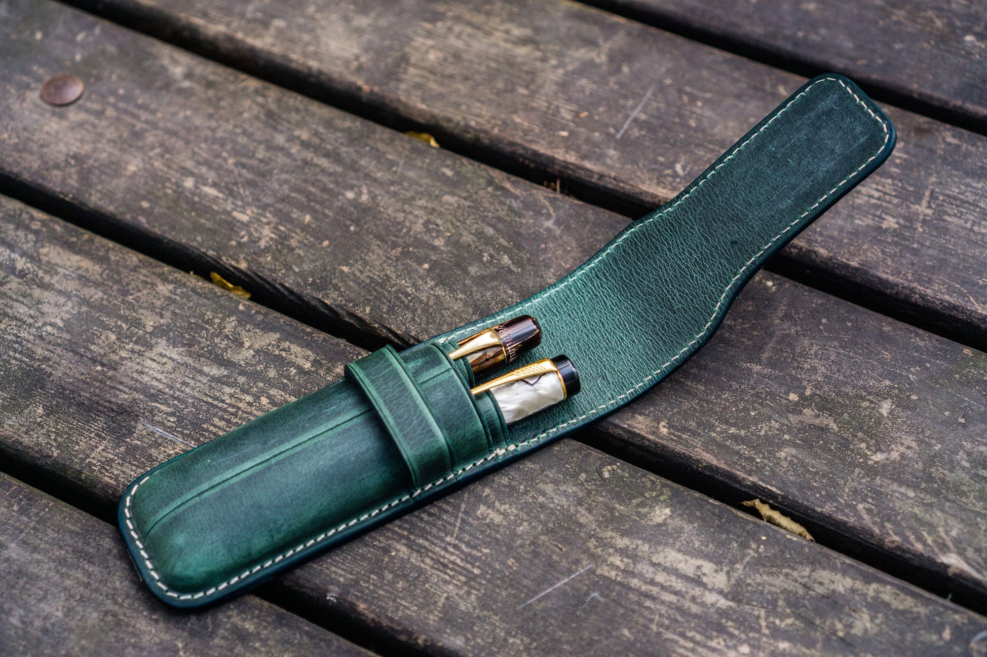 Leather Flap Pen Case for Two Pens - Crazy Horse Forest Green-Galen Leather