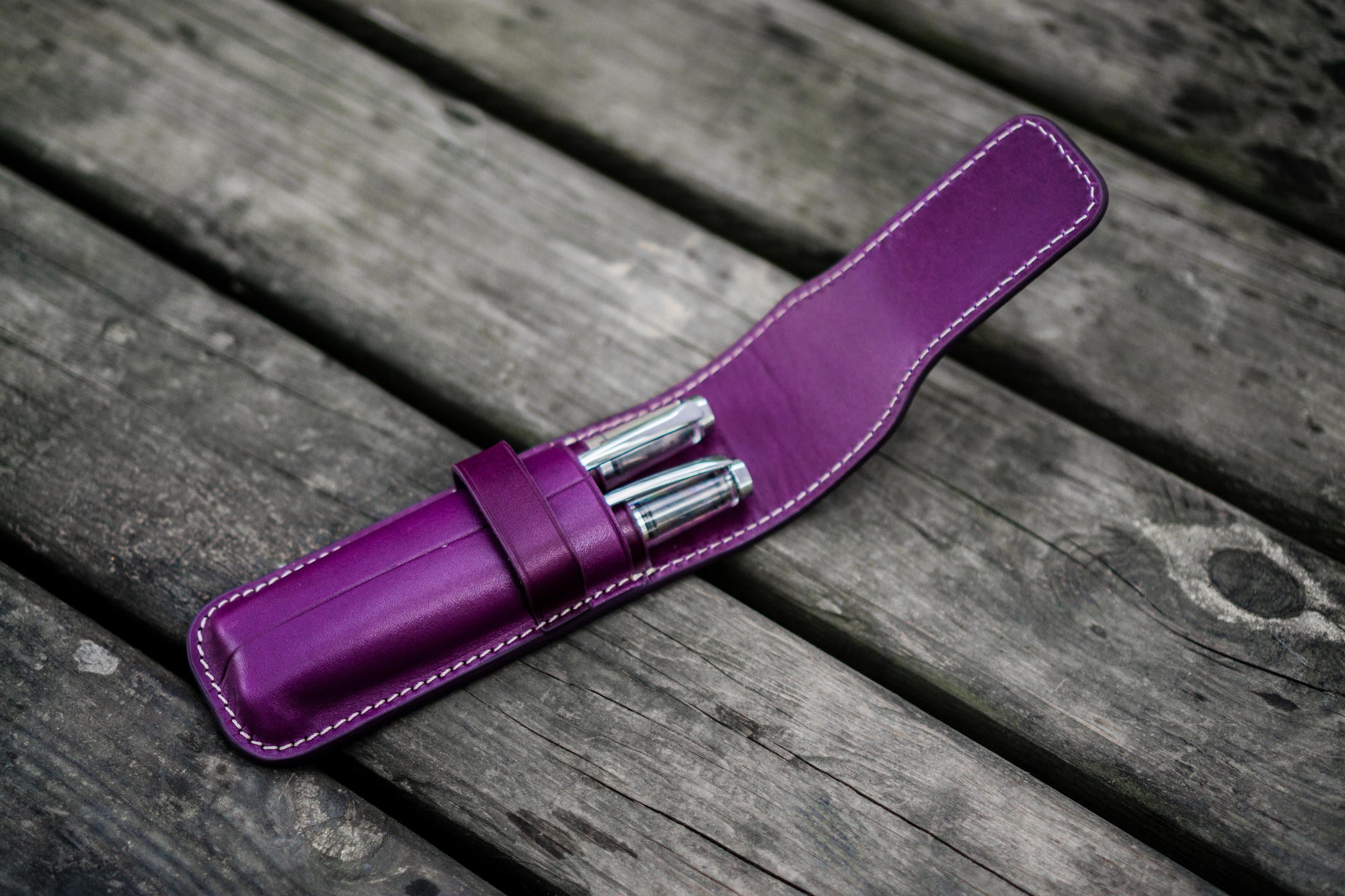 Leather Flap Pen Case for Two Pens - Purple-Galen Leather