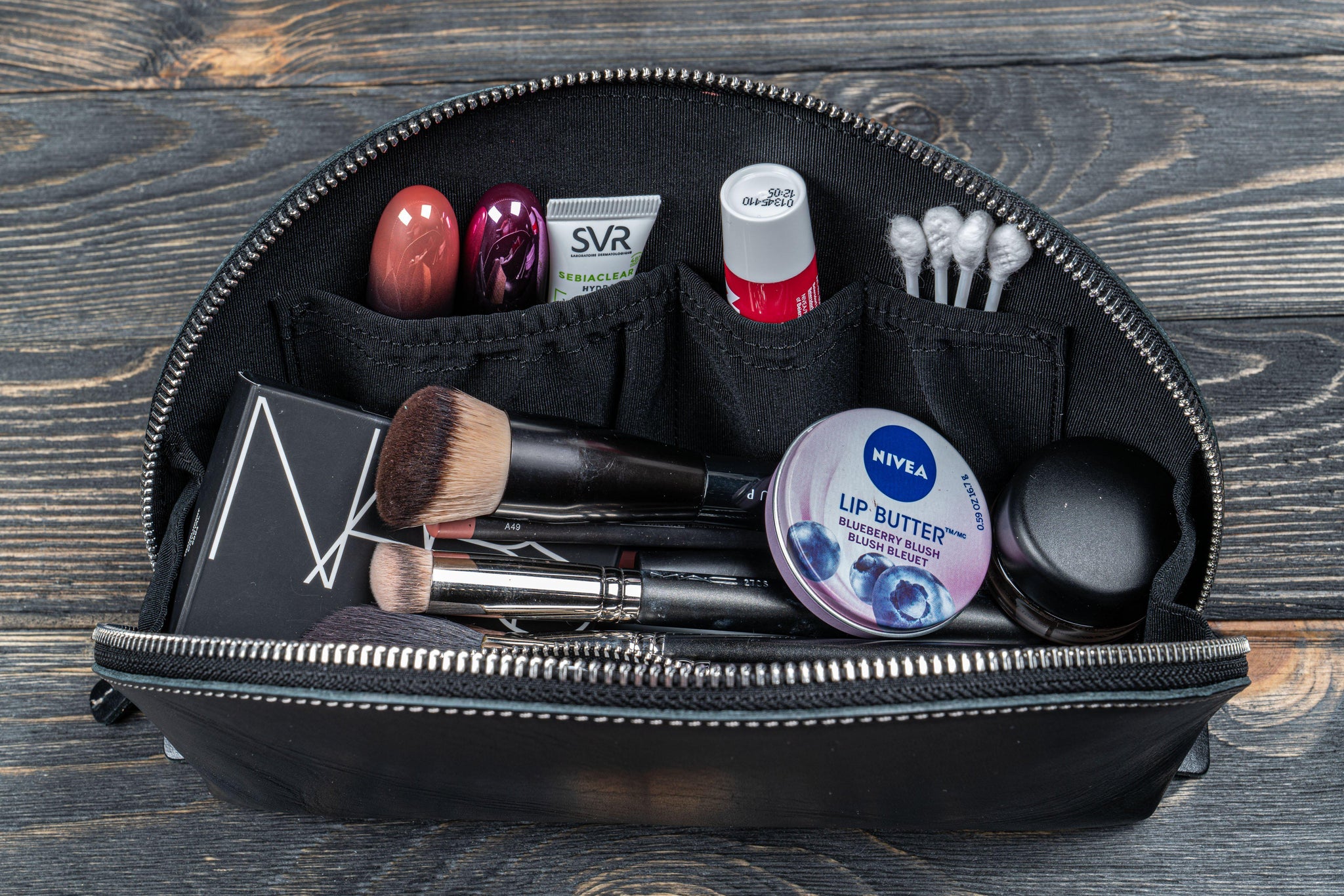 Black Leather Cosmetic Makeup Bag / Toiletry Bag