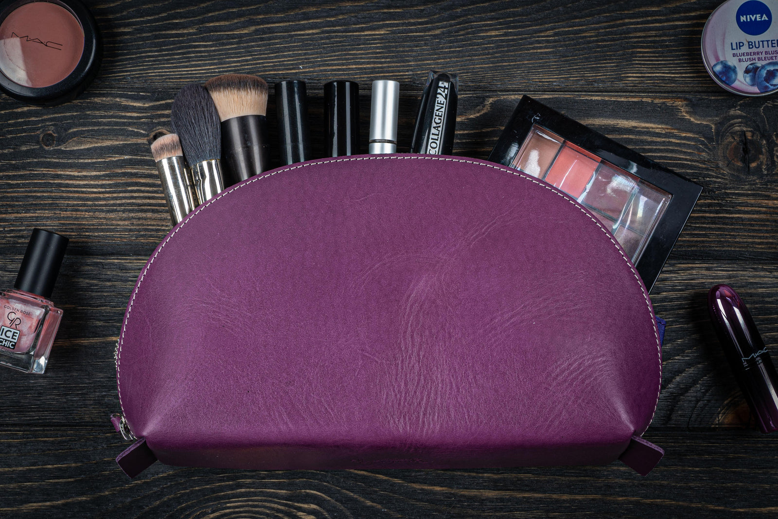 Leather Lunar Makeup / Toiletry Bag - Purple-Galen Leather