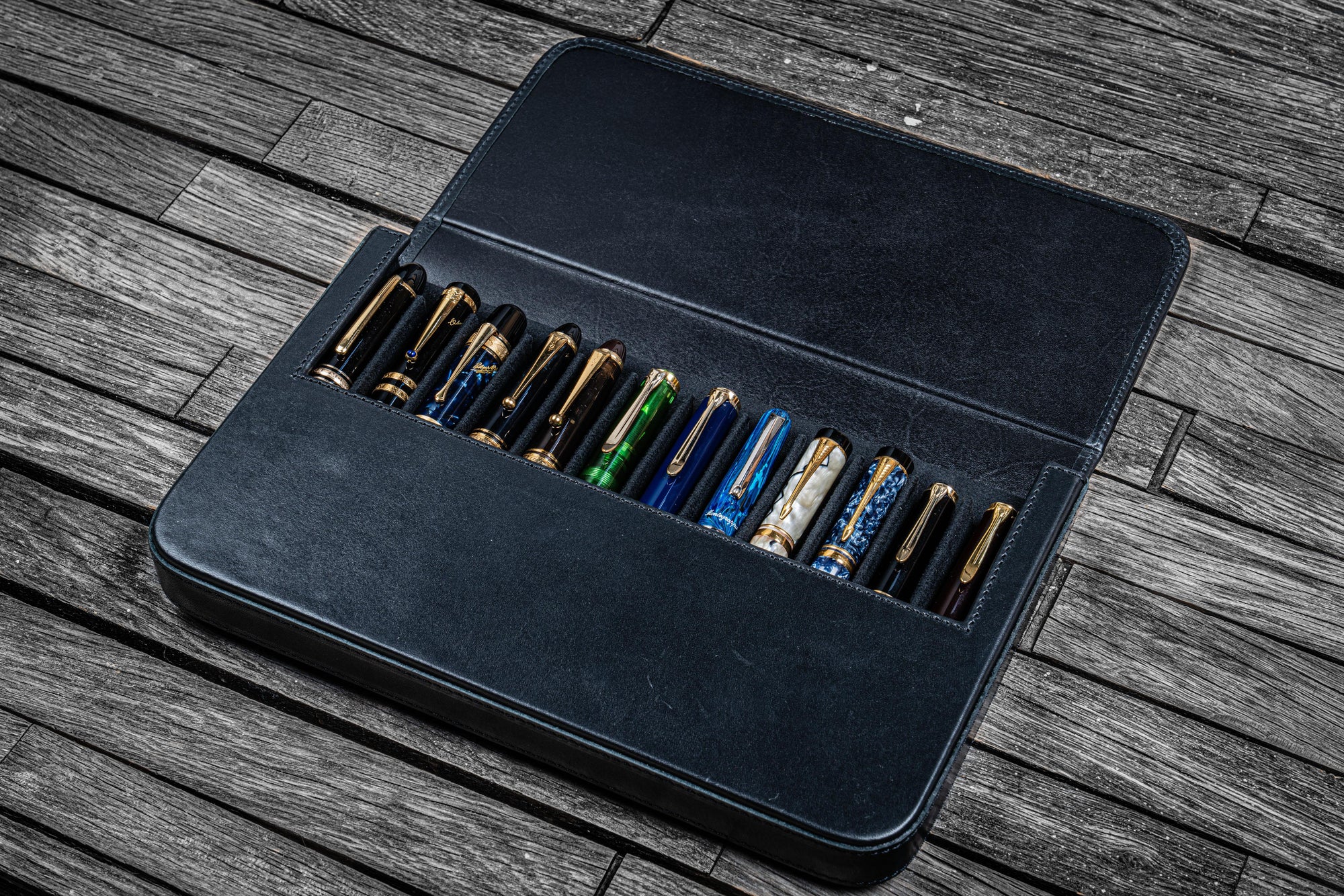 Leather Magnum Opus 12 Slots Hard Pen Case with Removable Pen Tray - Black-Galen Leather