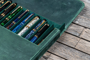 Leather Magnum Opus 12 Slots Hard Pen Case with Removable Pen Tray - Crazy Horse Forest Green-Galen Leather