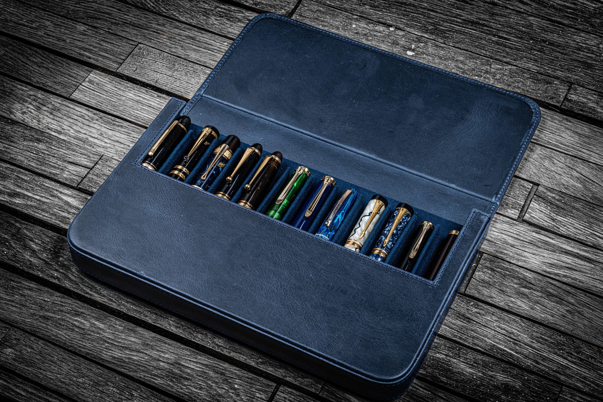 Leather Magnum Opus 12 Slots Hard Pen Case with Removable Pen Tray - Crazy Horse Navy Blue-Galen Leather