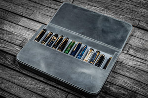 Leather Magnum Opus 12 Slots Hard Pen Case with Removable Pen Tray - Crazy Horse Smoky-Galen Leather